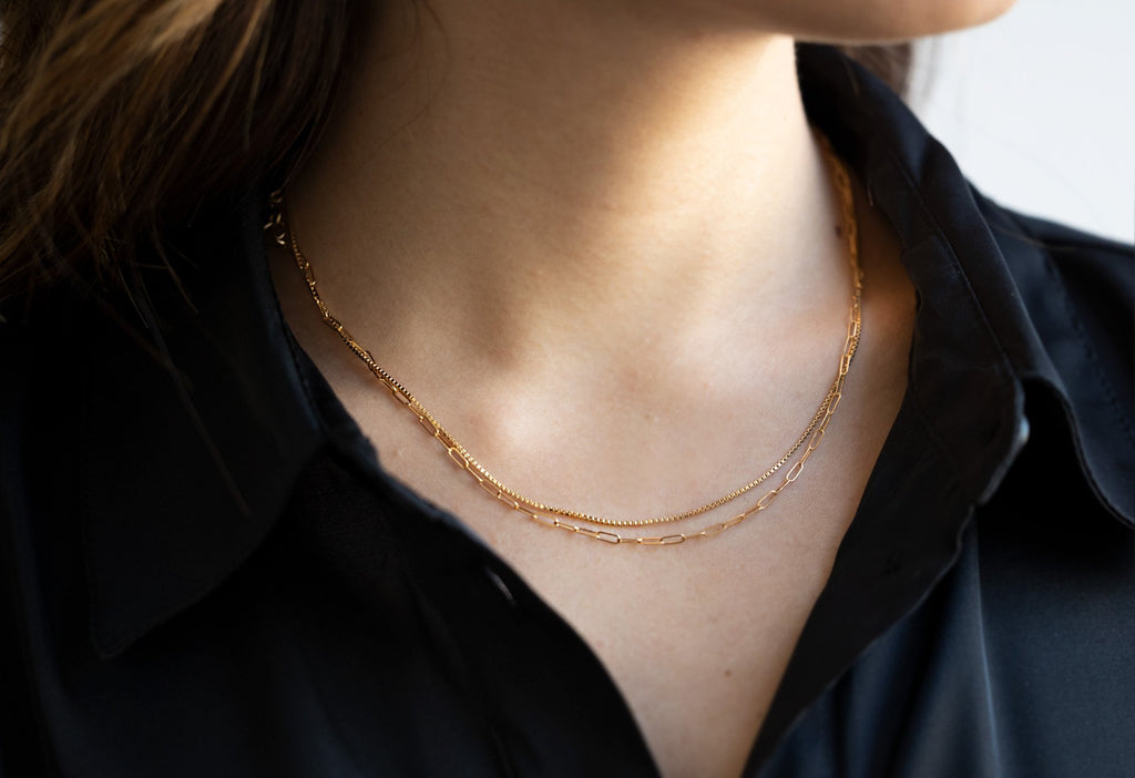 Box Chain Necklace Layered On Model