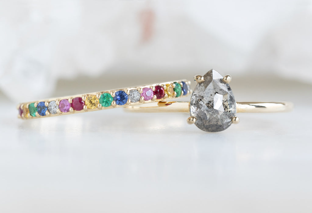 The Bryn Ring with a Salt and Pepper Rose-Cut Diamond with Rainbow Sapphire Stacking Band