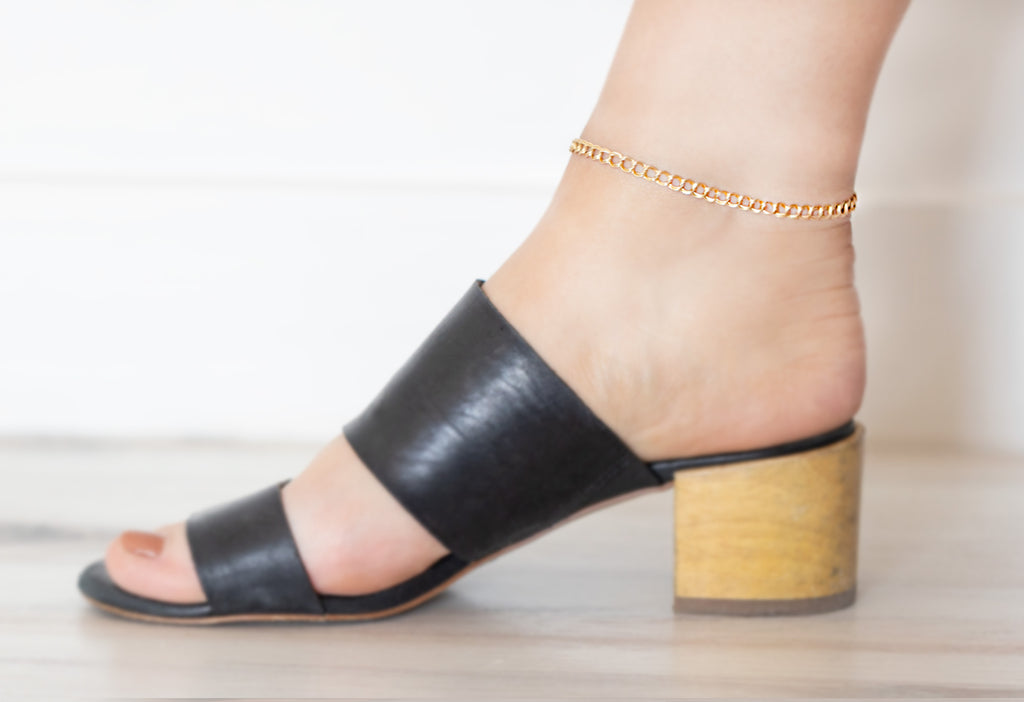 Curb Chain Anklet + Bracelet on Model in Black Mule Sandals