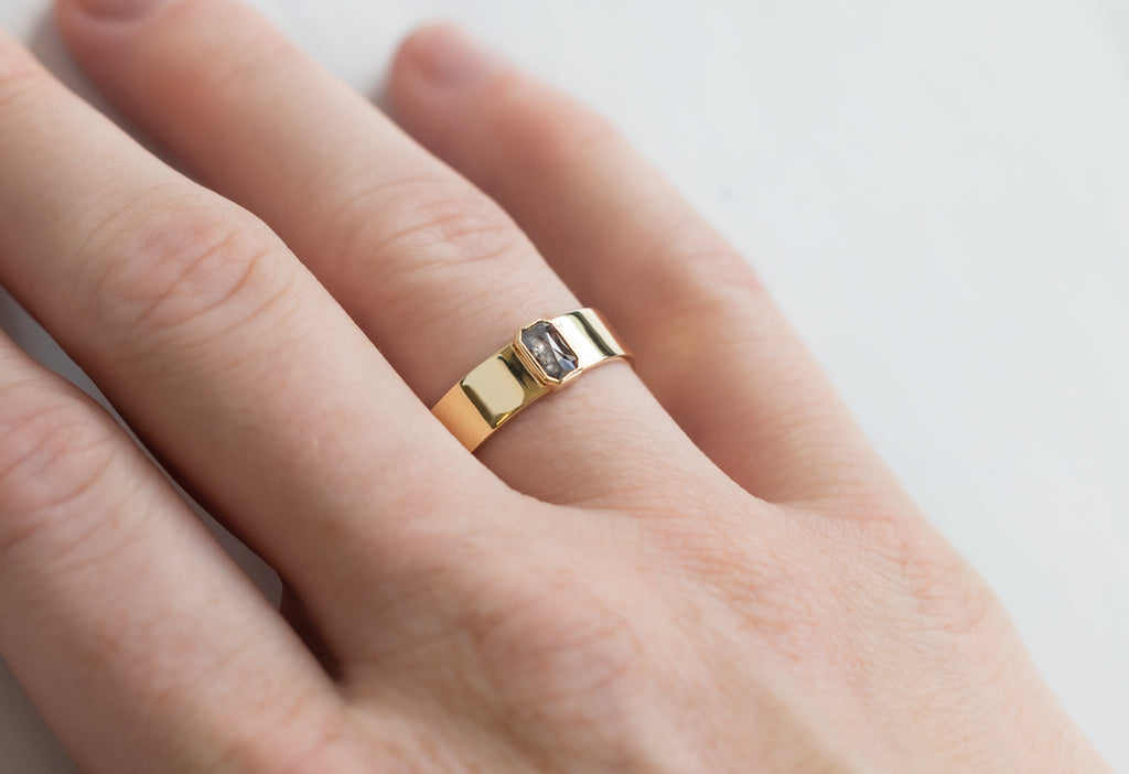 Salt and Pepper Diamond Cigar Band in Yellow Gold on Model