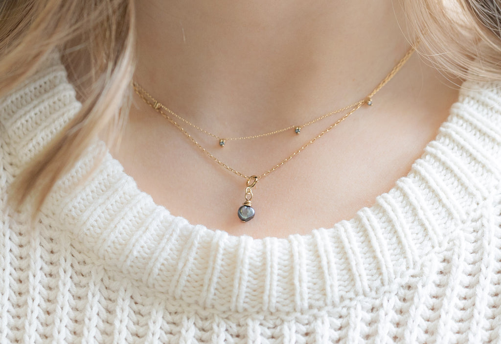Freshwater Black Pearl Charm Necklace Stacked on Model