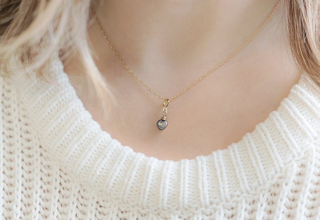 Freshwater Black Pearl Charm Necklace on Model