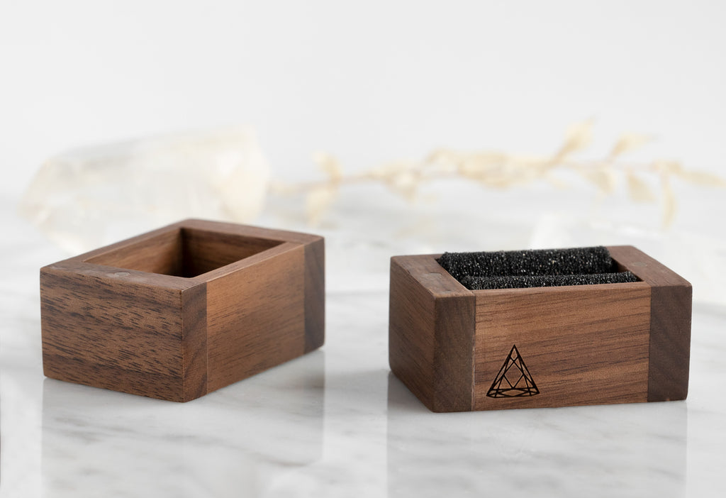 Handcrafted Black Walnut Ring Box open on white marble tile 