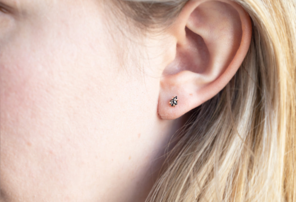 Geometric Black Diamond Stud Earrings on Model