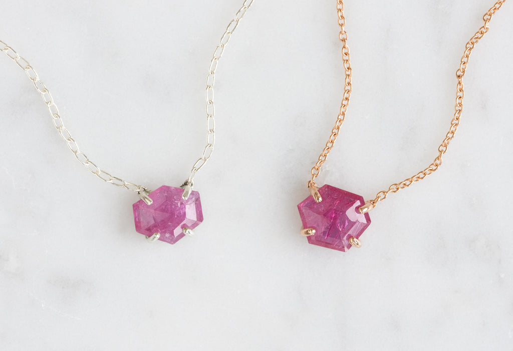 Geometric Rose Cut Ruby Necklace in Sterling Silver and Rose Gold