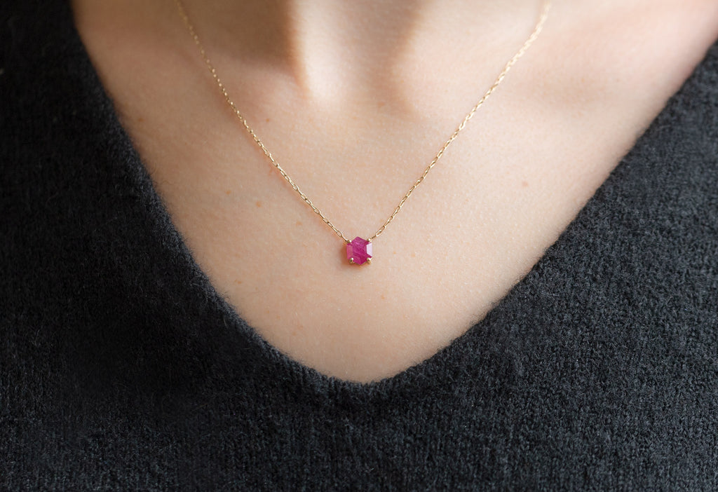 Rose Gold Geometric Rose Cut Ruby Necklace on Model