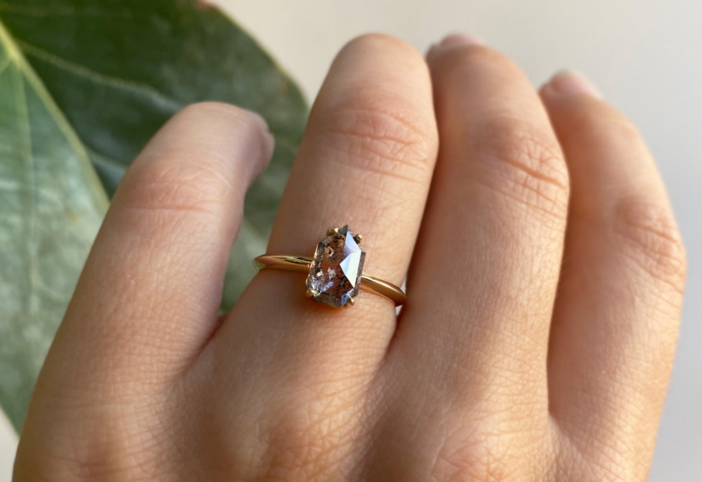 Geometric Salt + Pepper Diamond Engagement Ring with Knife Edge Band