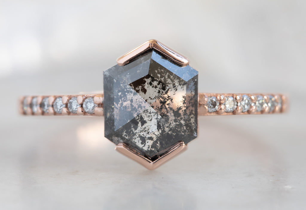 Hexagon Cut Black Diamond Engagement Ring with Pavé Band