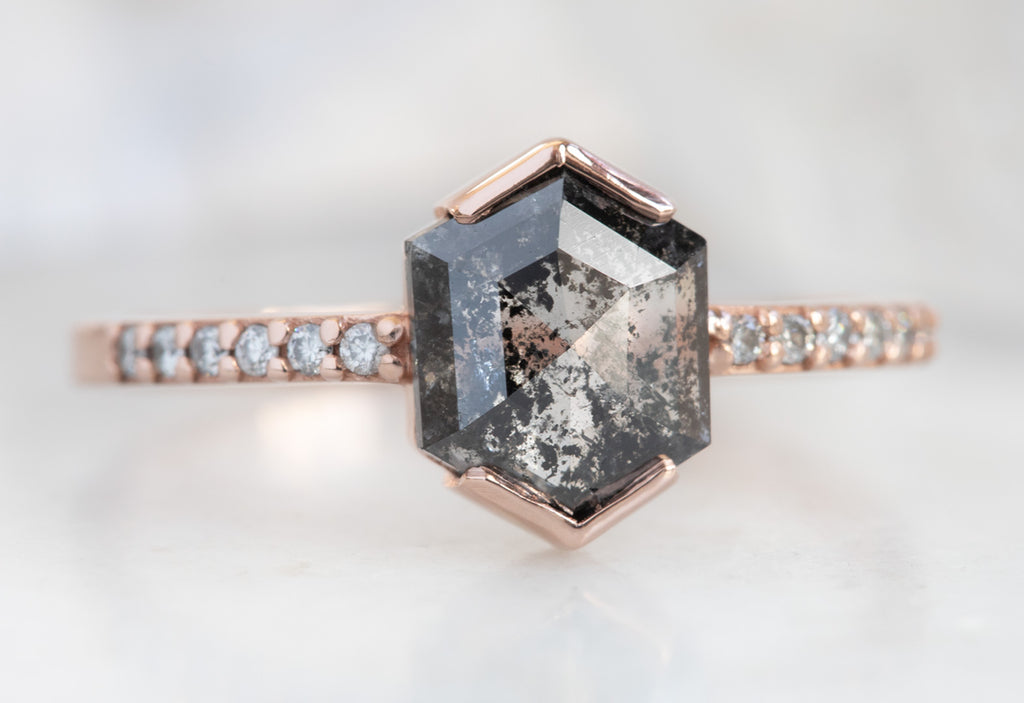 Hexagon Cut Black Diamond Engagement Ring with Pavé Band