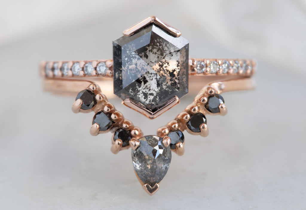 Hexagon Cut Black Diamond Engagement Ring with Pavé Band