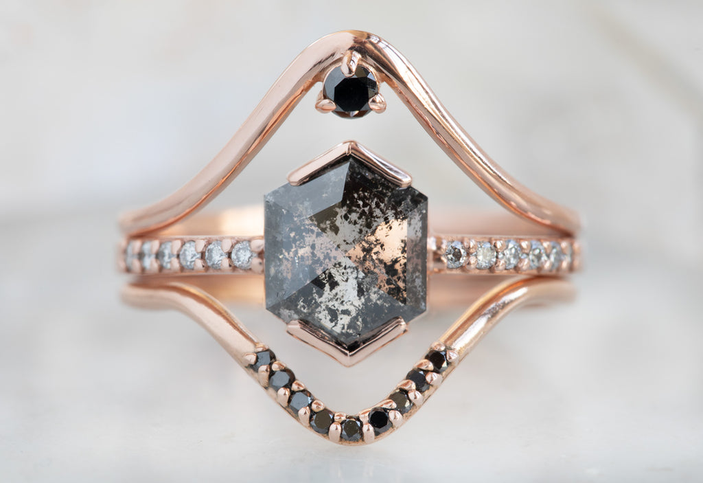 Hexagon Cut Black Diamond Engagement Ring with Pavé Band