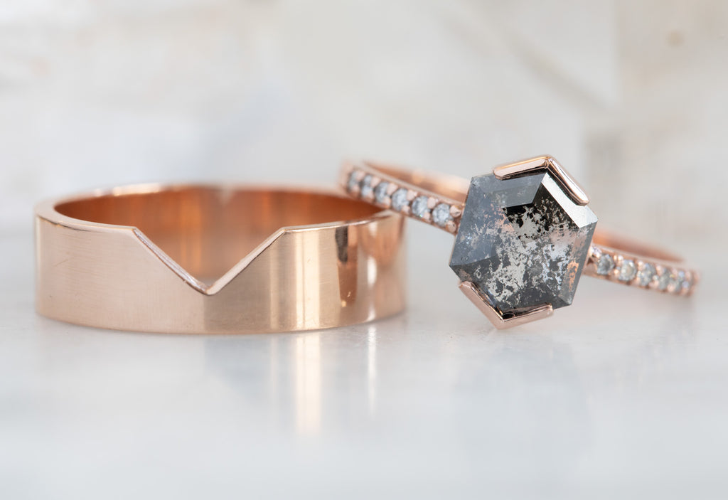 Hexagon Cut Black Diamond Engagement Ring with Pavé Band