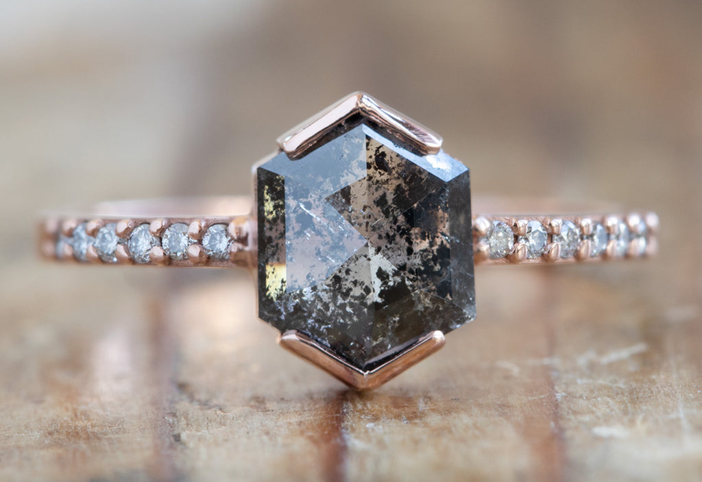 Hexagon Cut Black Diamond Engagement Ring with Pavé Band