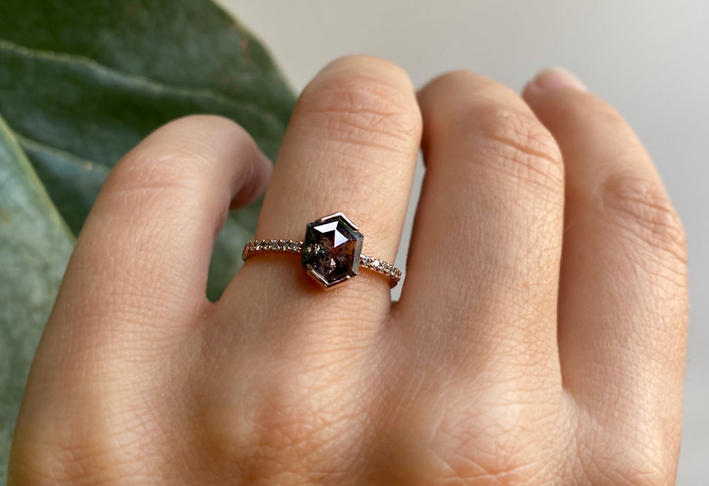 Hexagon Cut Black Diamond Engagement Ring with Pavé Band