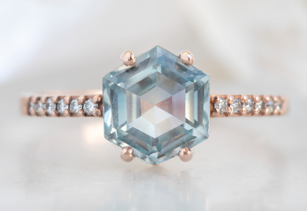 Hexagon Cut Montana Sapphire Engagement Ring with Pavé Band