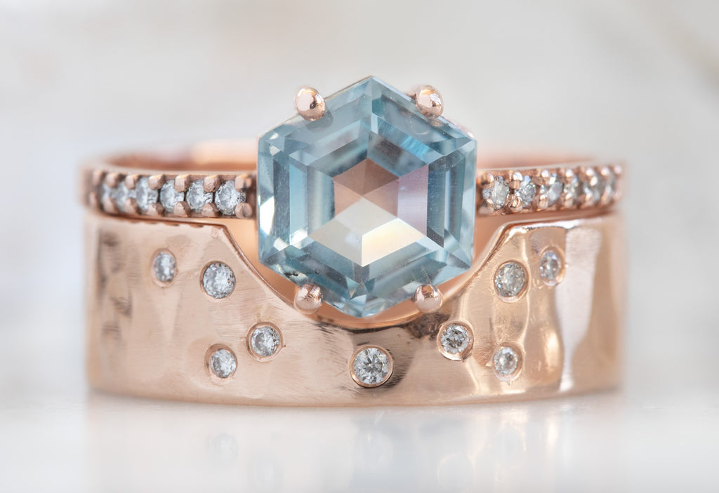 Hexagon Cut Montana Sapphire Engagement Ring with Pavé Band