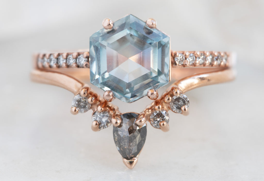 Hexagon Cut Montana Sapphire Engagement Ring with Pavé Band