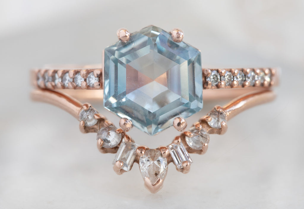 Hexagon Cut Montana Sapphire Engagement Ring with Pavé Band