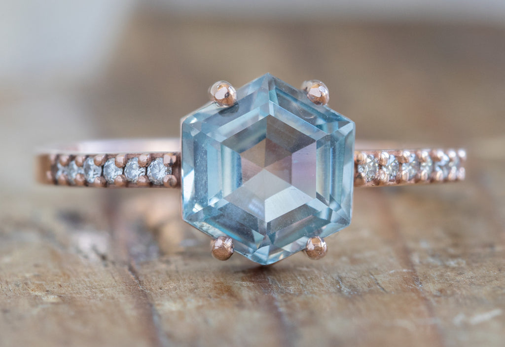 Hexagon Cut Montana Sapphire Engagement Ring with Pavé Band