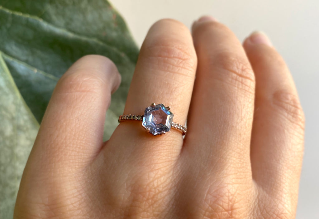 Hexagon Cut Montana Sapphire Engagement Ring with Pavé Band