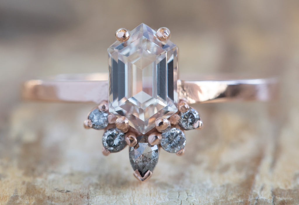 Hexagon Cut Pink Sapphire Engagement Ring with Attached Sunburst