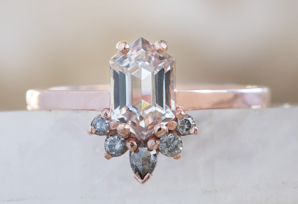 Hexagon Cut Pink Sapphire Engagement Ring with Attached Sunburst