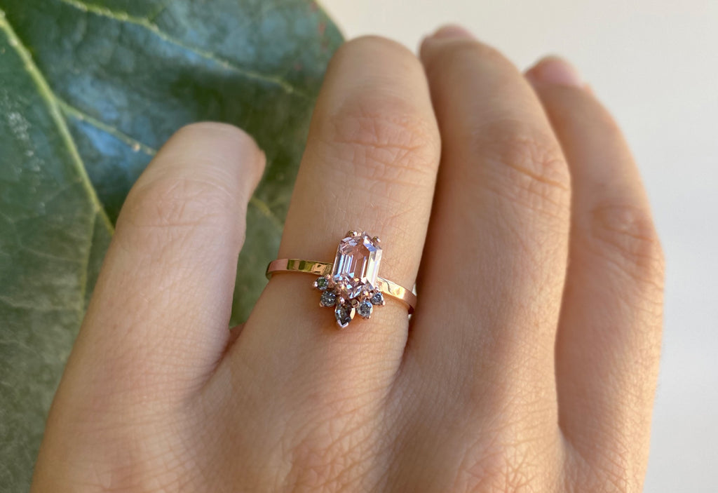 Hexagon Cut Pink Sapphire Engagement Ring with Attached Sunburst