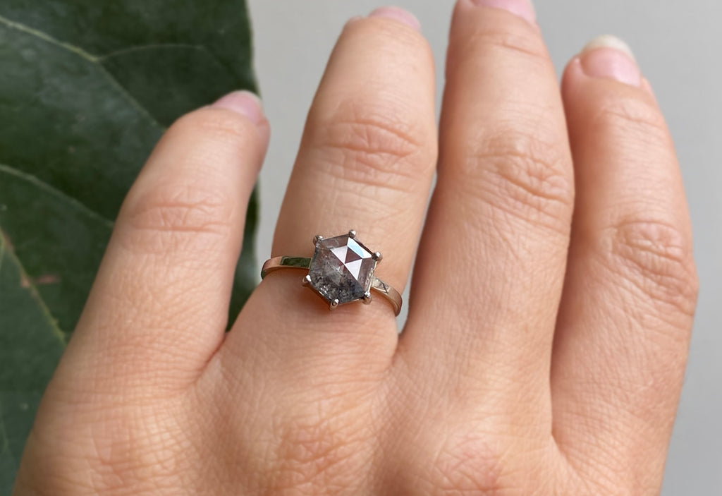 Hexagon Cut Salt + Pepper Diamond Engagement Ring