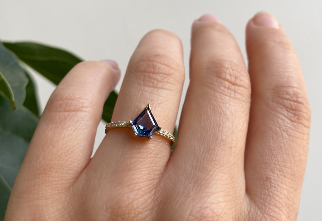 Shield Cut Sapphire Engagement Ring with Pavé Diamond Band