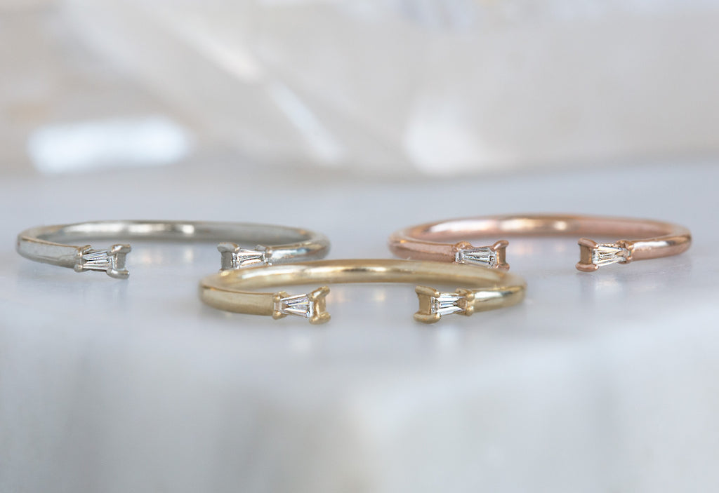 Three Open Cuff Baguette Diamond Rings in White, Yellow and Rose Gold