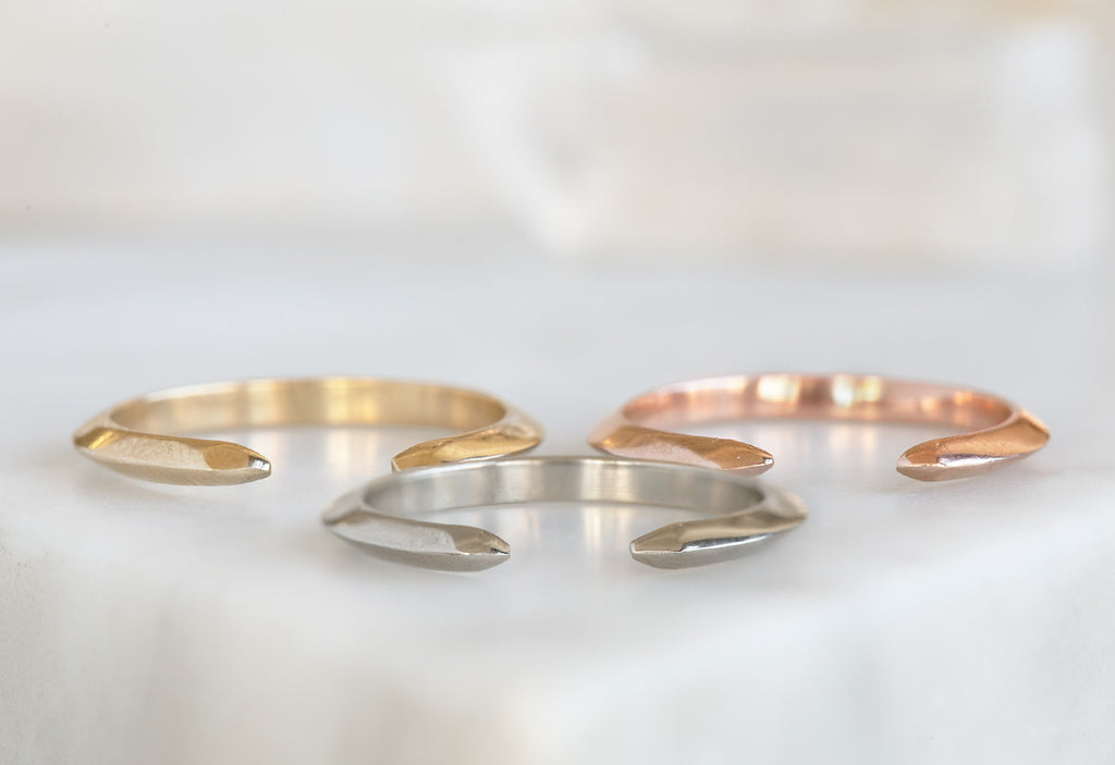 Three Gold Open Cuff Knife Edge Wedding Band in Yellow, White and Rose Gold