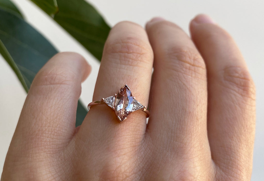 Three Stone Peach Sapphire + Diamond Engagement Ring