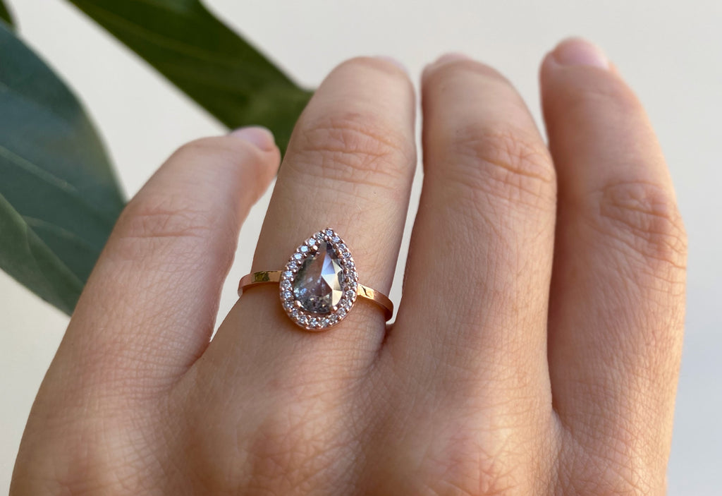 Rose Cut Salt + Pepper Diamond Engagement Ring with Halo