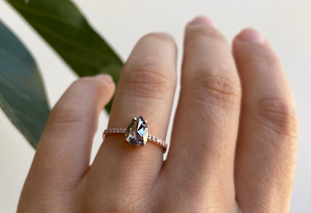 Rose Cut Salt + Pepper Diamond Engagement Ring with Pavé Band