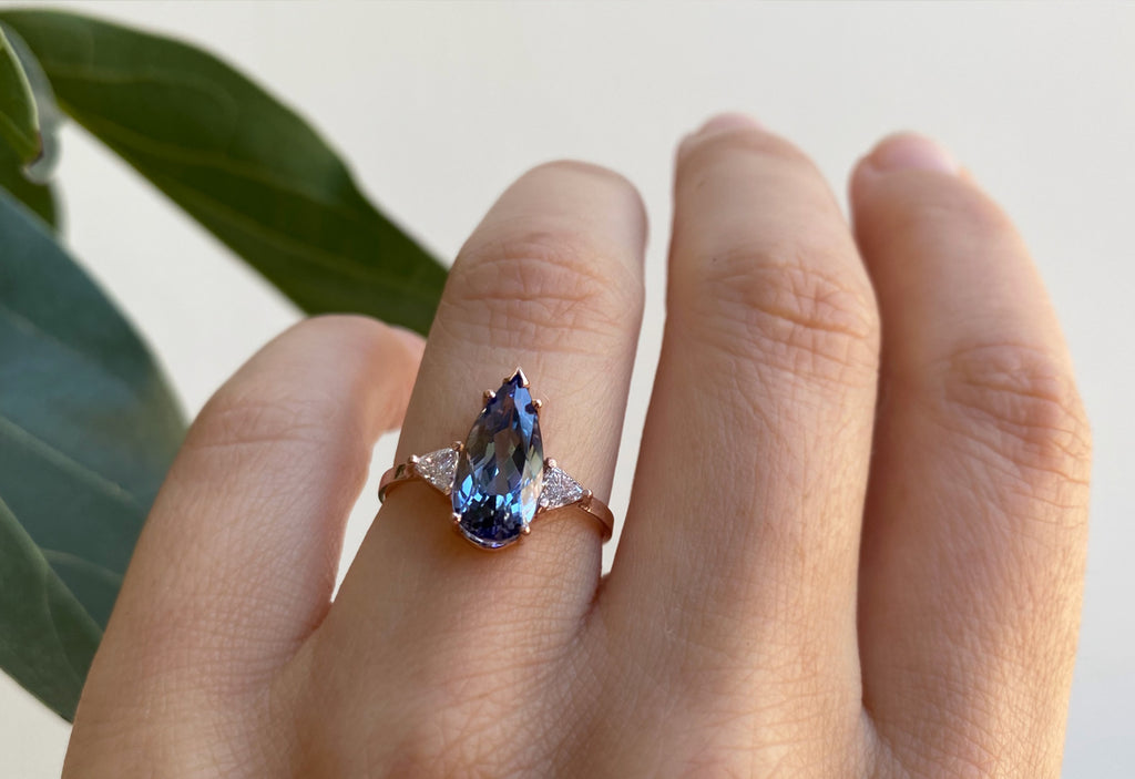 Three Stone Tanzanite + Diamond Engagement Ring