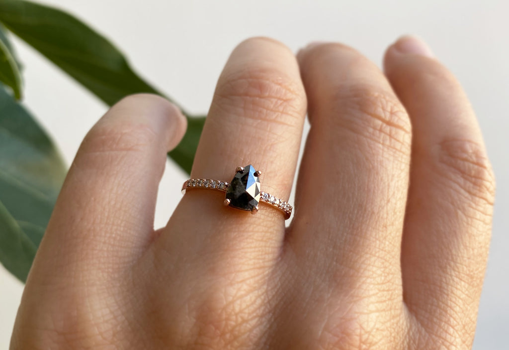 Geometric Black Diamond Engagement Ring with Pavé Band