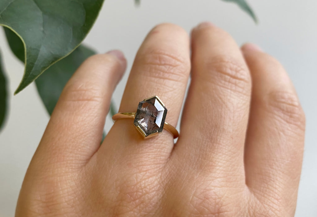 The Sage Ring with a Salt + Pepper Hexagon Diamond