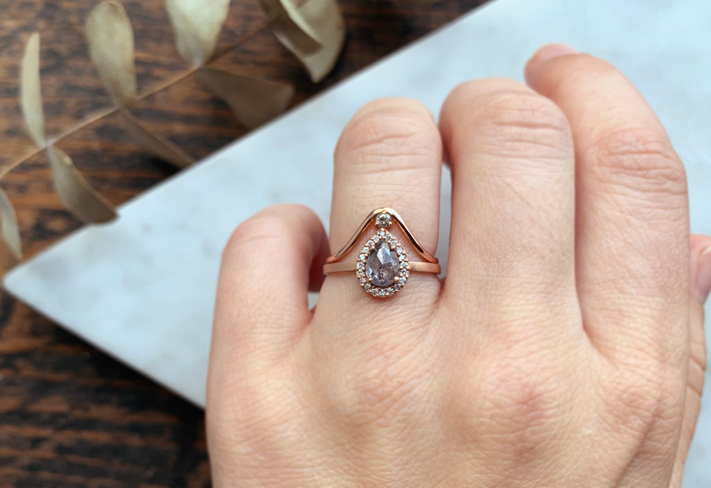 Rose Gold Peak Diamond Stacking Ring Stacked with Diamond Engagement Ring on Model