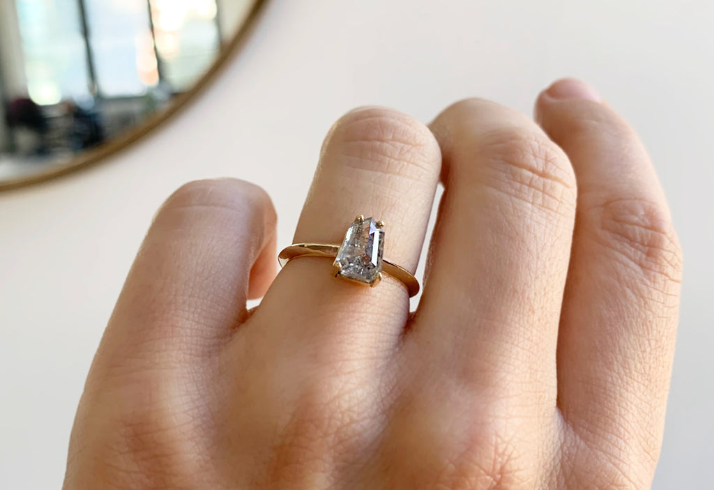 One Of A Kind Geometric Salt + Pepper Diamond Engagement Ring with Knife Edge Band