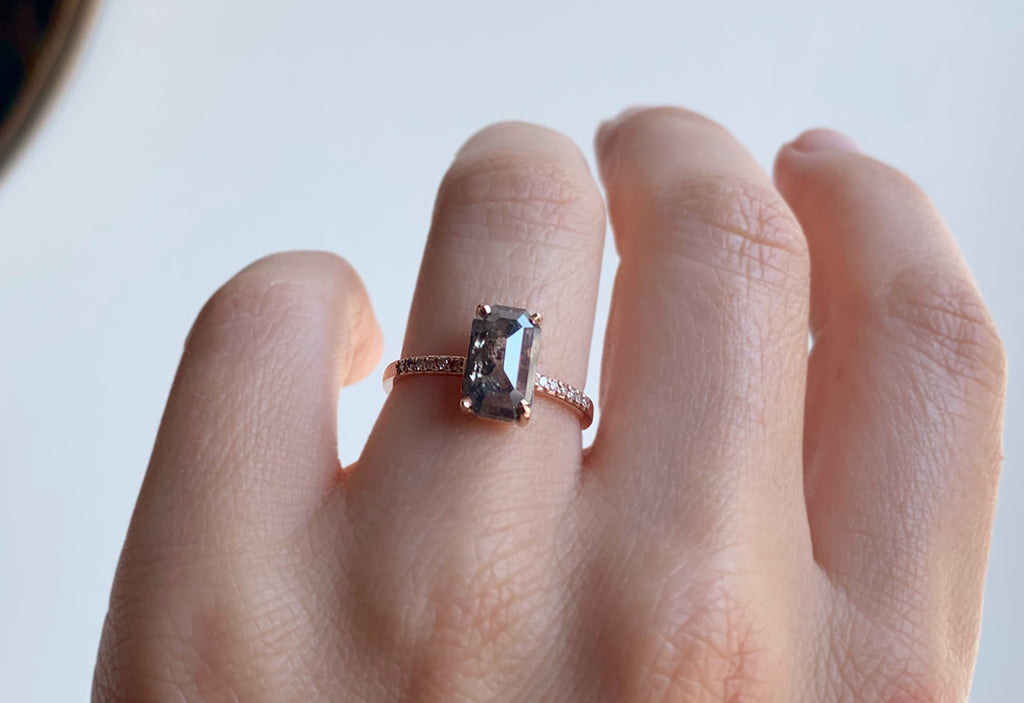 Emerald Cut Black Diamond Engagement Ring with Pavé Band