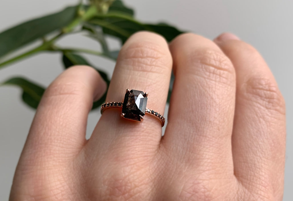 Emerald Cut Black Diamond Engagement Ring with Pavé Band