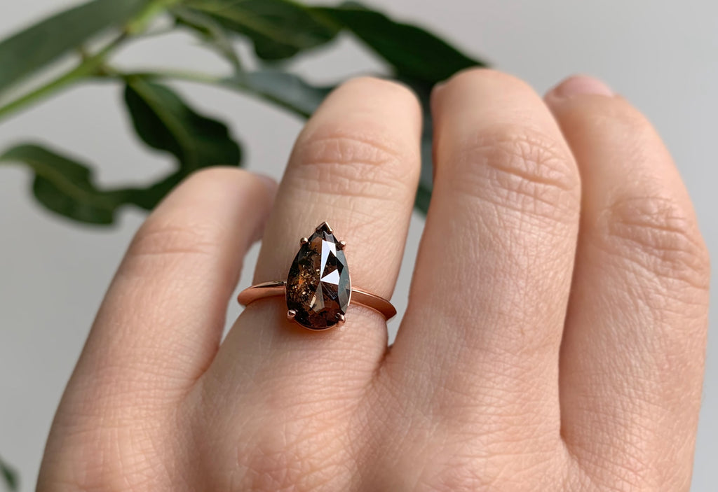 Rose Cut Salt + Pepper Diamond Engagement Ring with Knife Edge Band On Model