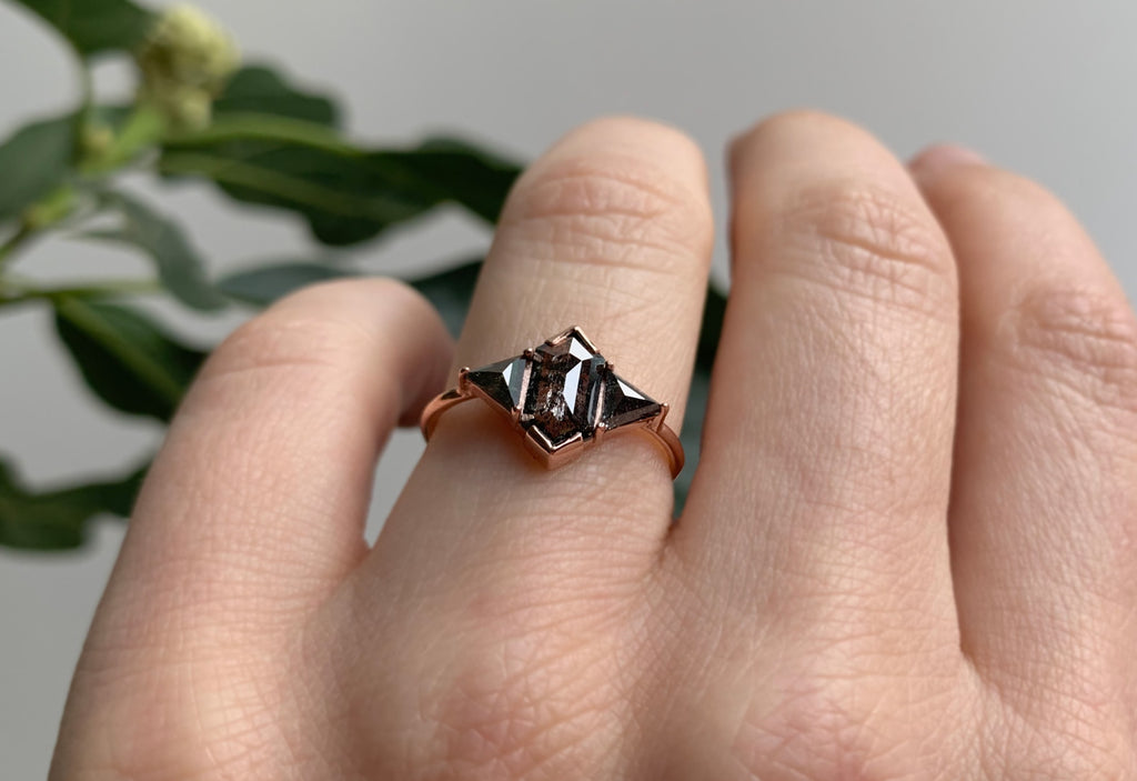 Three Stone Geometric Salt + Pepper Diamond Engagement Ring