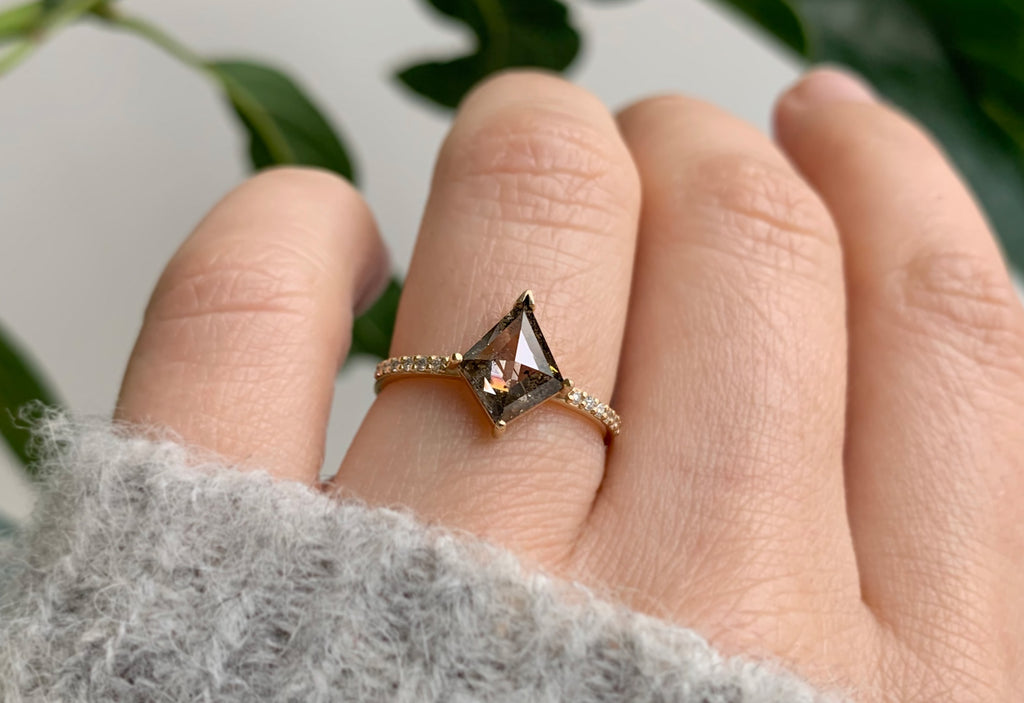 One Of A Kind Kite-Shaped Salt + Pepper Diamond Engagement Ring with Pavé Band