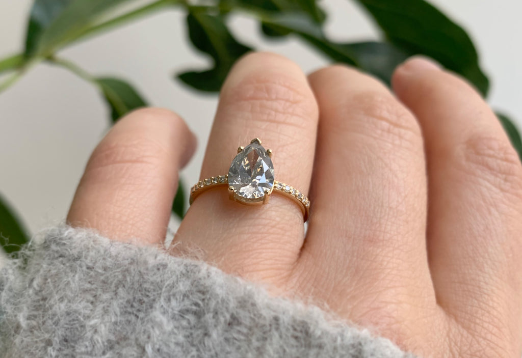 Silver-Grey Pear Cut Diamond Engagement Ring with Pavé Band
