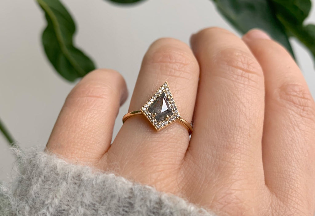 Kite-Shaped Salt + Pepper Diamond Engagement Ring with Halo