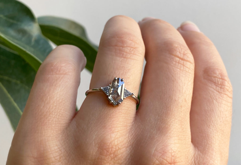 Three Stone Salt + Pepper Hexagon Diamond Engagement Ring