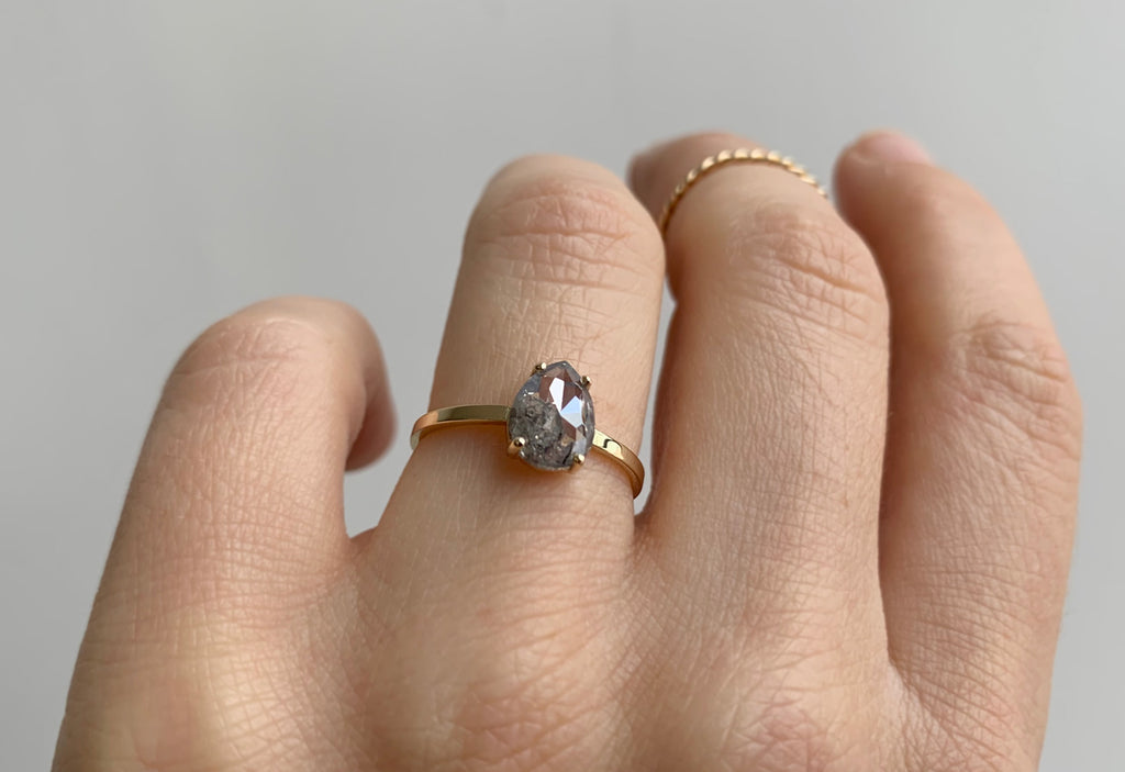 One Of A Kind Rose Cut Salt + Pepper Diamond Engagement Ring On Model