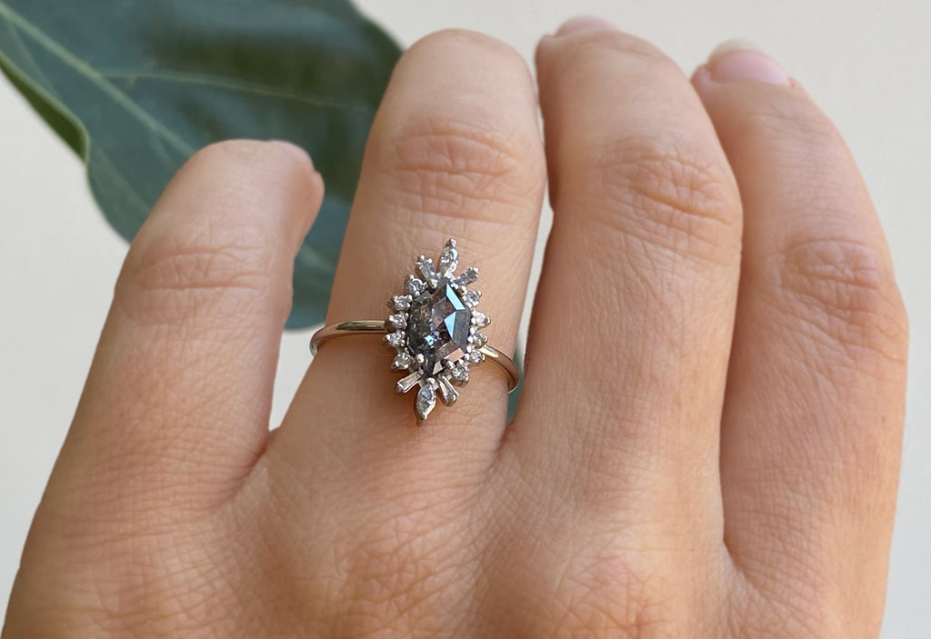 Hexagon Cut Salt + Pepper Diamond Engagement Ring with Vintage Halo