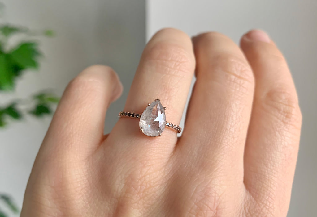 Rose Cut White Diamond Engagement Ring with Black Pavé Diamond Band